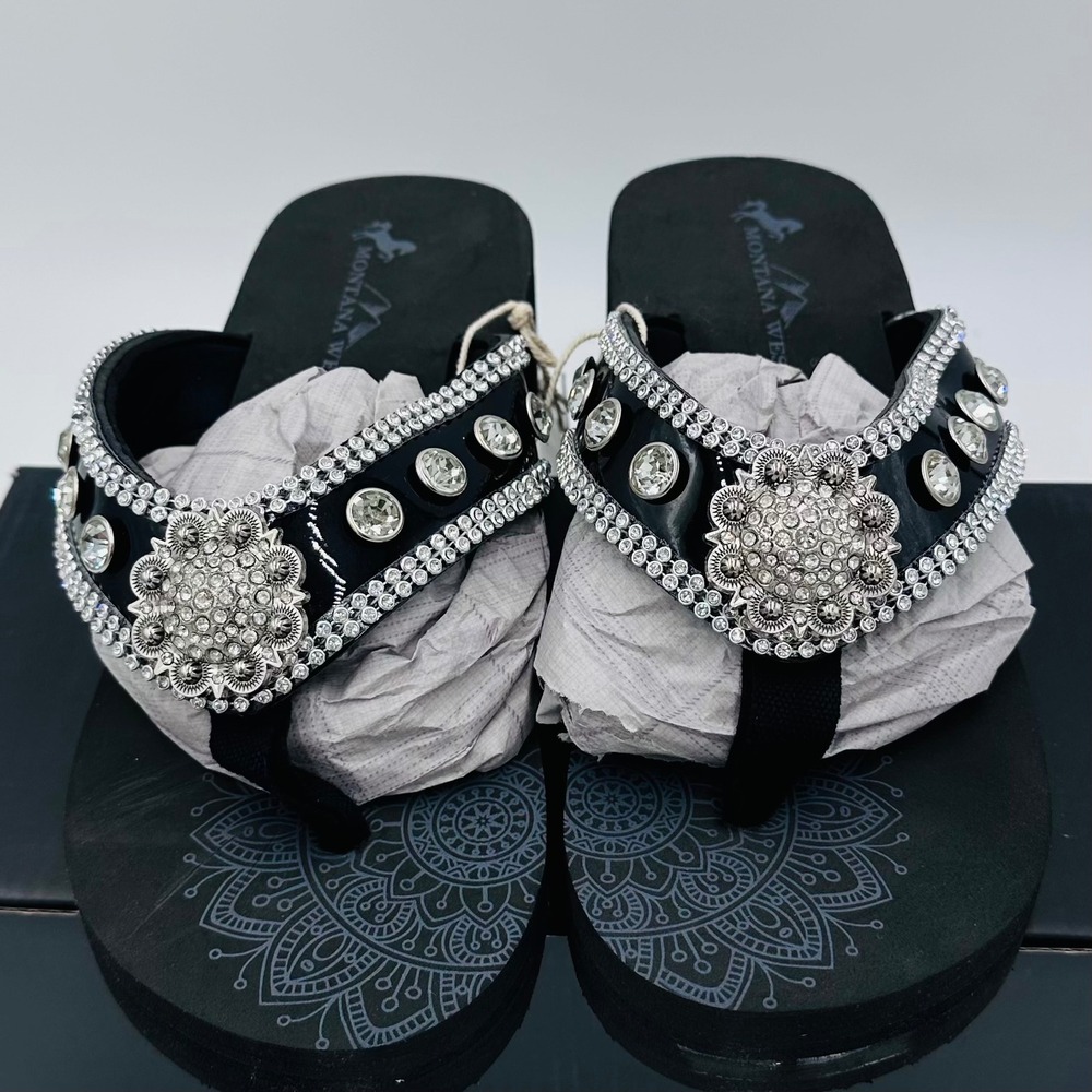 Montana West Flip Flops Womens 8 Black Rhinestone Concho Platform Wedge NEW